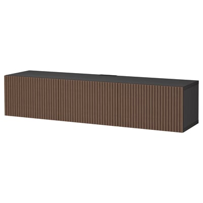 Modern houten tv-meubel, donkerbruine afwerking, rechthoekige vorm, verticale lamellen, verstelbare planken, strak design.
