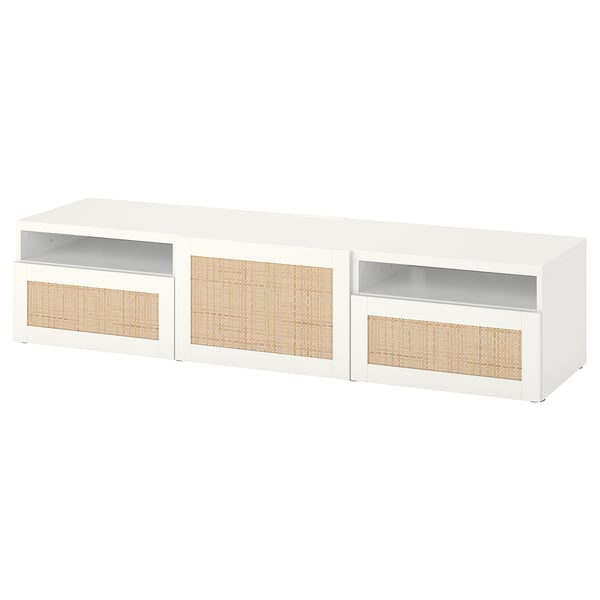 Wit BESTÅ tv-meubel met drie delen, geweven inzetstukken, modern design.