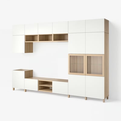 BESTÅ Tv-opbergcombinatie/vitrinedeuren, wit gelazuurd eikenfineer Lappviken/Sindvik wit, 360x42x240 cm
