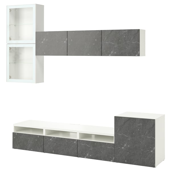Aan de muur bevestigd tv-meubel met marmeren accenten en gemengde opbergruimte. Verstelbare planken voor organisatie.