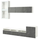 Aan de muur bevestigd tv-meubel met marmeren accenten en gemengde opbergruimte. Verstelbare planken voor organisatie.