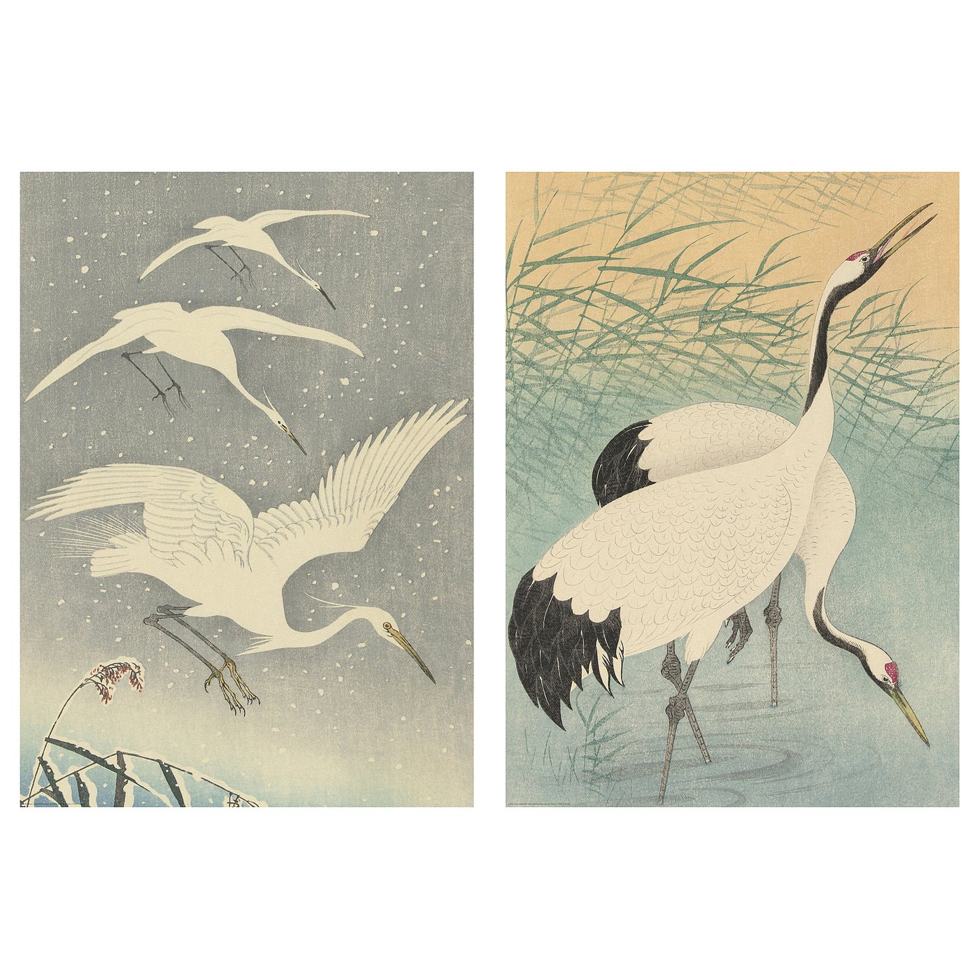 Twee Japanse prints: vliegende kraanvogels die in de natuur staan, gedempte kleuren.
