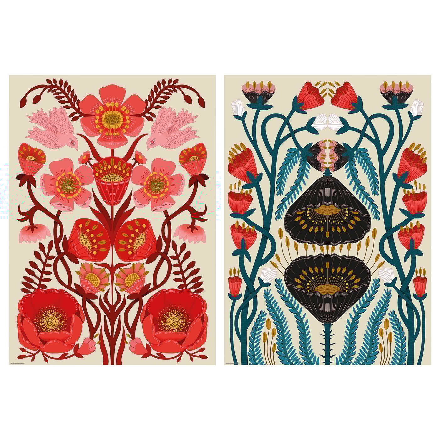 Twee kleurrijke bloemenposters. Links: rode, roze bloemen. Rechts: zwarte, rode bloemen, blauwe stengels. Levendige, gedetailleerde illustraties.