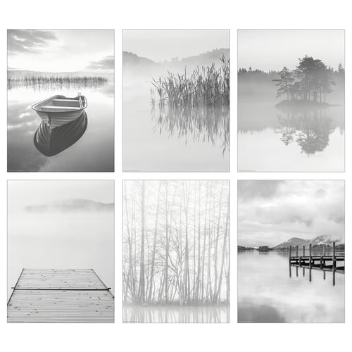 Zes zwart-wit natuurfoto's, waaronder een boot, dok, bomen en scènes aan het meer, gerangschikt in een raster.