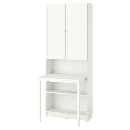 Witte BILLY boekenkast met bureau van ikea, minimalistisch design, twee deuren, een open plank, wit materiaal.