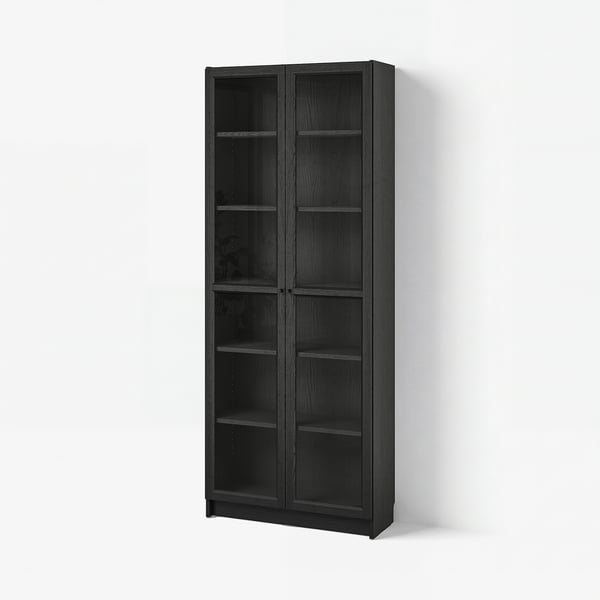 BILLY / OXBERG Boekenkast met glazen deuren, zwart eikenpatroon, 80x30x202 cm