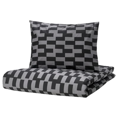 Zwart en grijs geometrisch dekbed met kussen, katoen-viscose mix, modern pixelpatroon.