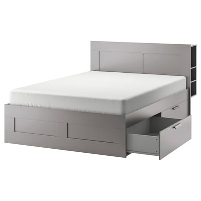 Modern grijs bed met lades, hoog hoofdeinde en geïntegreerde opbergruimte.