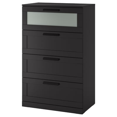 Zwarte BRIMNES ladekast met matglazen lade, strak modern design, vier lades, aan de muur verankerbaar.