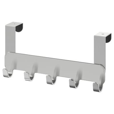 Roestvrij stalen BROGRUND hakenrek met 5 gebogen haken, zilver, wandmontage.