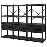 Een zwart metalen opbergrek genaamd BROR met houten lades, geschikt voor diverse ruimtes.