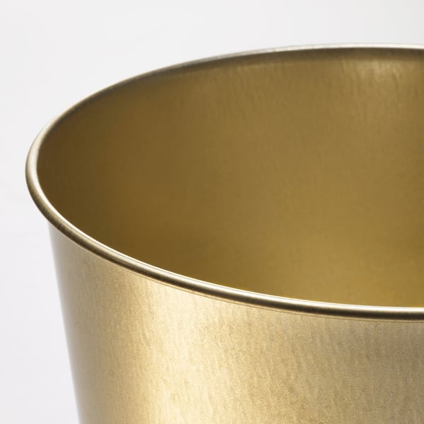 Gouden, cilindrische plantenbak; glad, glanzend oppervlak; Goed gemaakt, duurzaam staal.