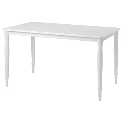 Witte rechthoekige eettafel, vier stevige stalen poten, glad tafelblad, modern traditioneel design.
