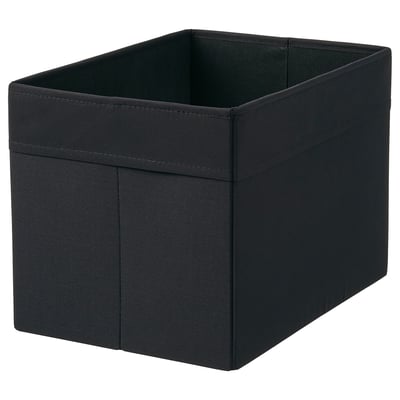 Zwarte stoffen opbergdoos, vierkant van vorm met handgrepen, past in boekenkasten of kasten.
