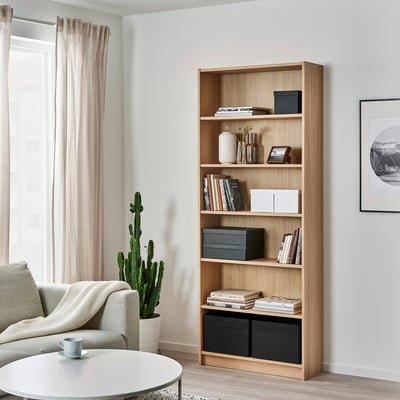Moderne woonkamer met DRÖNA boekenkast, bank, salontafel en cactus.