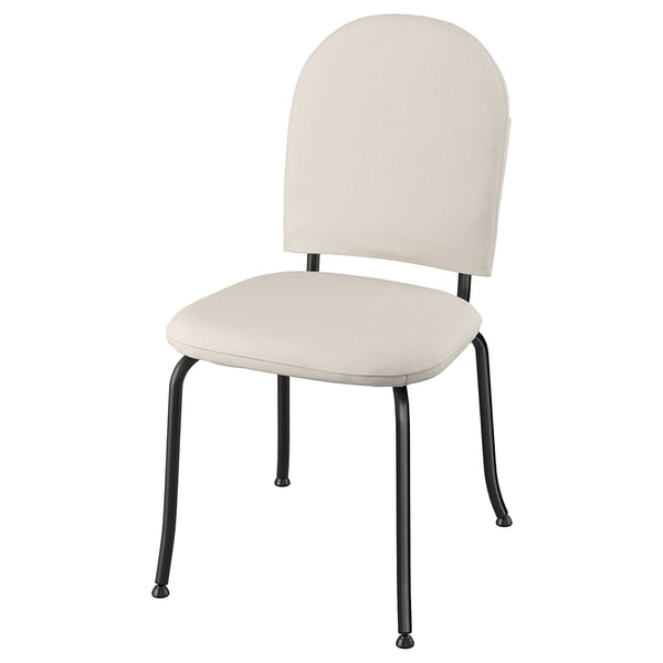 Stelt een beige stoel in retrostijl voor, genaamd EBBALYCKE met een gebogen rugleuning en metalen poten, met handige opbergvakken.