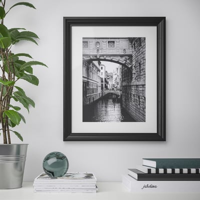 Ingelijste zwart-witte Venetiaanse brug en gracht aan de muur, met kamerplant en boeken eronder.