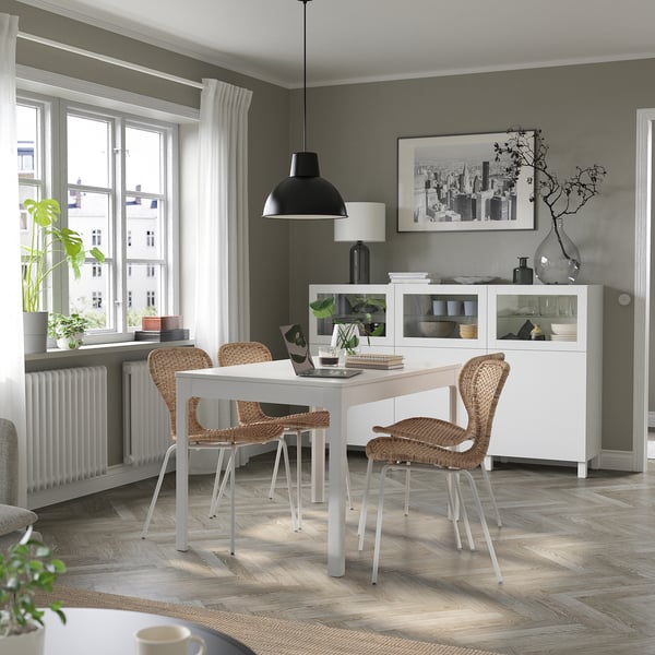 lekken Verwaarlozing Goed doen EKEDALEN / ÄLVSTA Tafel en 4 stoelen, wit/rotan wit, 120/180x80 cm - IKEA  België