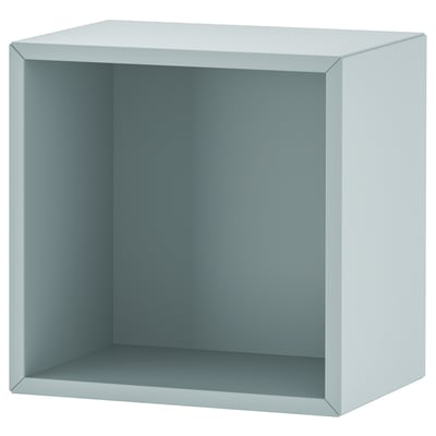Een EKET kubusplank, lichtblauw, vierkant van vorm met open opbergvak, gemaakt van spaanplaat en vezelplaat.