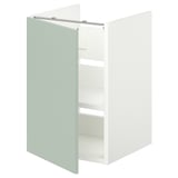 ENHET badkamermeubel. Wit-groene voorkant, vierkante vorm, minimalistisch design. Drie planken binnenin.