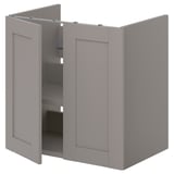 ENHET grijs badkamermeubel, rechthoekig, met twee deuren open, gemaakt van gerecyclede materialen.