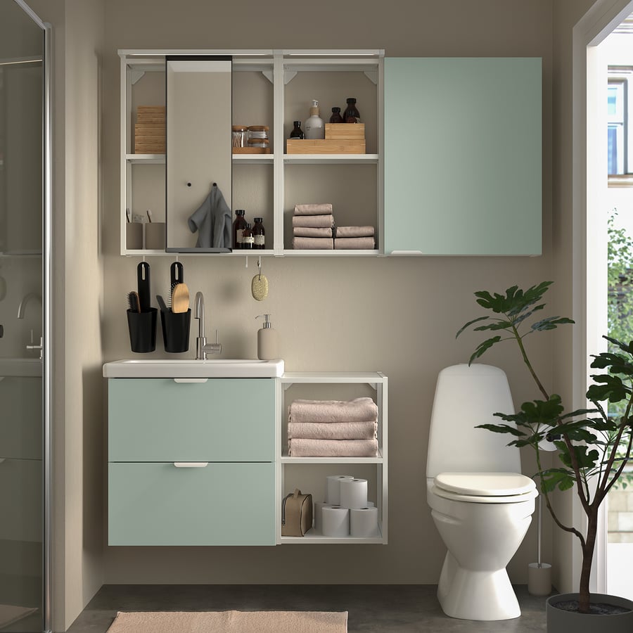 ENHET / TVÄLLEN Badkamermeubels, 18delig, wit/bleek grijsgroen GLYPEN kraan, 102x43x65 cm