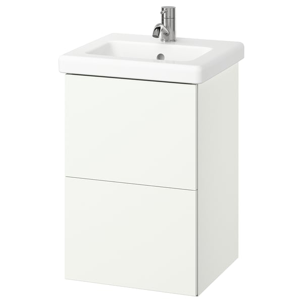 Wit ENHET badmeubel, vierkante spoelbak, chromen kraan, wandmontage.