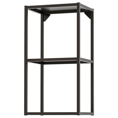 Deze afbeelding toont een moderne zwarte ENHET opbergplank met twee open planken, gemaakt van staal met een poedercoating.