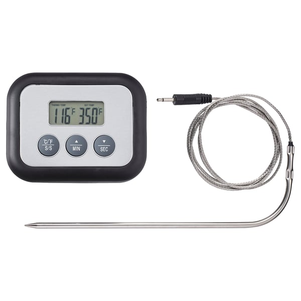 Digitale kookthermometer, FANTAST, zwart, aluminium en kunststof, rechthoekig, met roestvrijstalen sonde, temperatuurweergave.