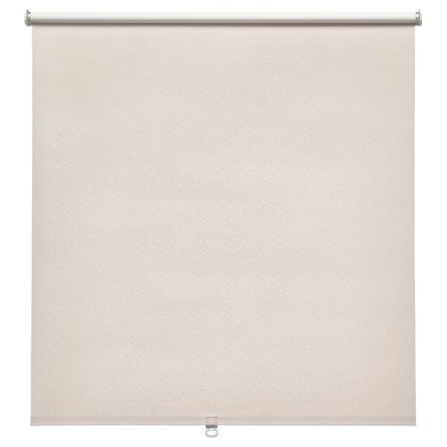FÖNSTERBLAD: beige rolgordijn met subtiel patroon, gemaakt van polyester. Draadloos, blokkeert lichte, soepele bediening.