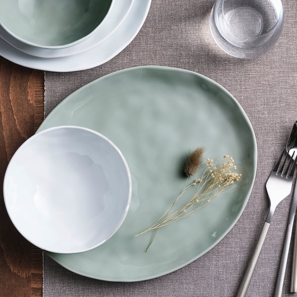 Turquoise-grijs porselein dinerservies - borden, kom, vork, glas. Minimalistisch, handgemaakt.