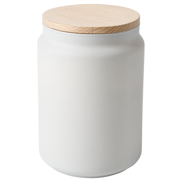 FRAMFÄRD geurkaars: wit, rond, glas met beukenhouten deksel, frisse wasgeur.