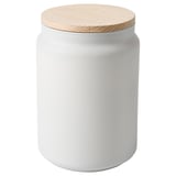 FRAMFÄRD geurkaars: wit, rond, glas met beukenhouten deksel, frisse wasgeur.