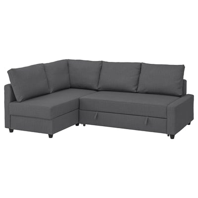 Donkergrijze FRIHETEN 3-in-1 slaapbank. Modern, l-vormig ontwerp met opbergbare chaise longue.
