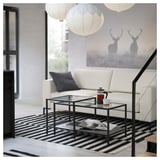 Moderne woonkamer met wit lederen FULLERÖ bank, zwart-wit gestreept tapijt, glazen salontafel en kunst aan de muur van hertensilhouetten.