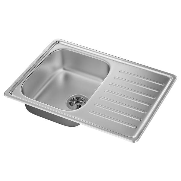 Roestvrijstalen gootsteen met afdruiprek, rechthoekige vorm, modern design.