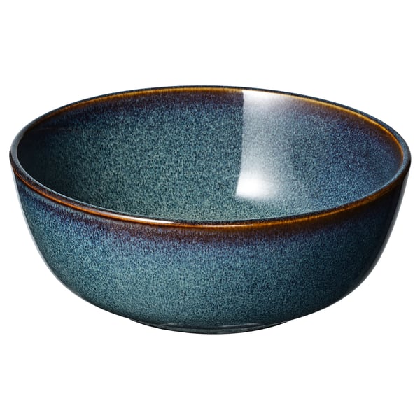 GLADELIG schaal, oceaanblauw met gouden rand, ronde vorm, steengoed materiaal, uniek reactief glazuurontwerp.