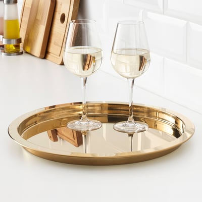 GLATTIS gouden metalen dienblad, rond met opstaande rand, stijlvol roestvrijstalen ontwerp om te serveren of uit te stallen.