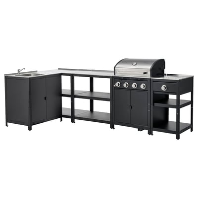 Zwarte buitenkeukenset met spoelbak, grill, opbergruimte, roestvrijstalen blad.