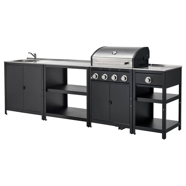 Moderne buitenkeukenset met spoelbak, gasgrill en opbergvak in zwart en RVS.