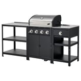 GRILLSKÄR grillstation: strak zwart staal, roestvrijstalen blad, 4 branders, geïsoleerde handgrepen, zijbrander, opbergplanken.