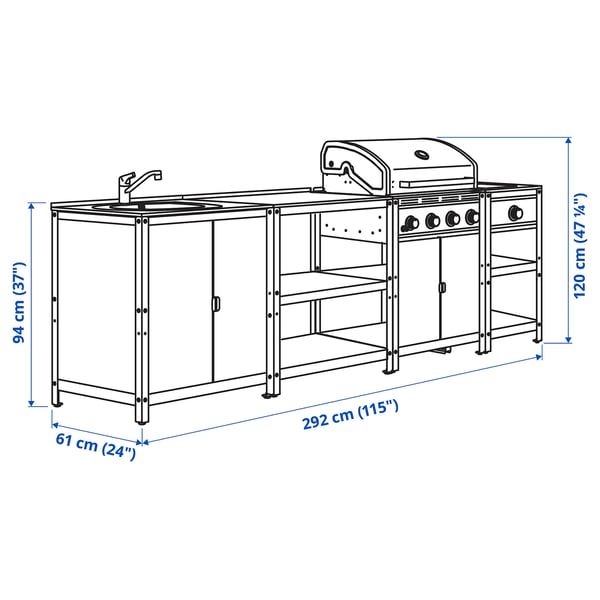 GRILLSKÄR Buitenkeuken, gasbarbecue/zijbrander/roestvrij staal, 292x61 cm