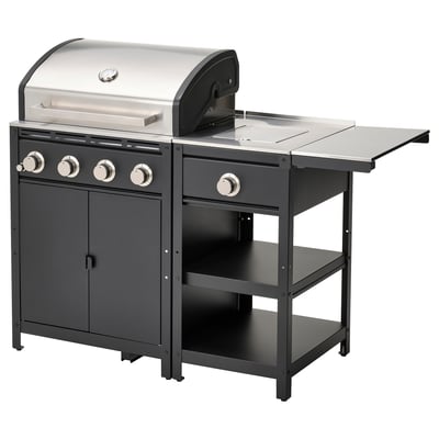 GRILLSKÄR gasgrill, strak zilver & zwart, roestvrij staal & staal, rechthoekig met zijplanken.