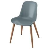 Dit beeld is een lichtblauwe GRÖNSTA stoel met een gladde, gebogen zitting en rugleuning, ondersteund door vier houten poten. Het ontwerp is eenvoudig en modern.