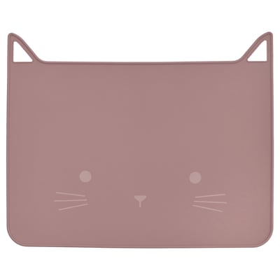 Toont een lichtroze GULDVÄVARE siliconen placemat, ontworpen als een kattengezicht met oren, snorharen en ogen. Het is vierkant en waterdicht.