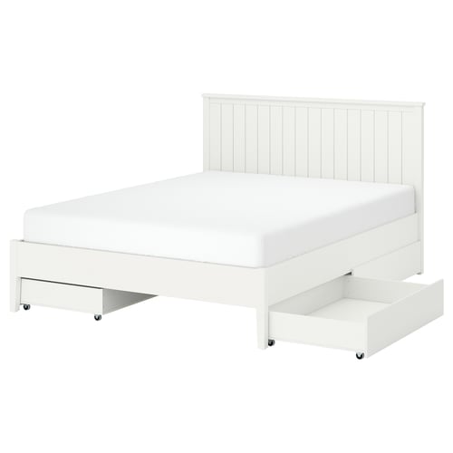 GULLABERG wit houten bedframe met grote opberglades, lattenbodem en een verticale hoofdeinde.