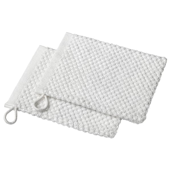 Twee witte katoenen GULVIAL washandschoenen, netjes gestapeld, zacht, met textuur en lussen om op te hangen.