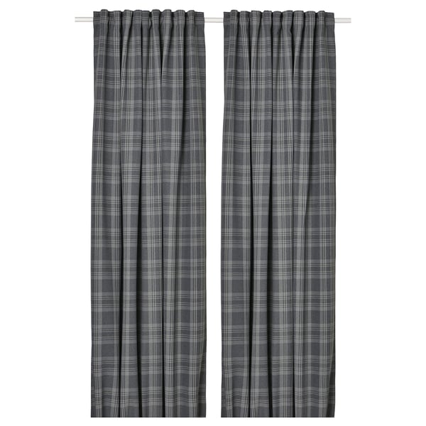 HÄGGVECKMAL donkergrijze geruite gordijnen, wolachtig, kamerverduisterend, gerecycled polyester, rechthoekig, 300 cm extra lang.