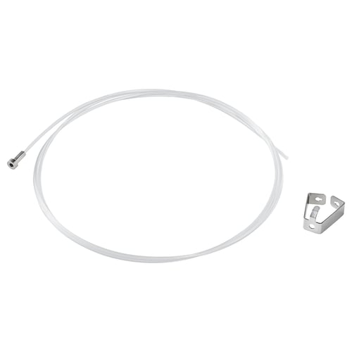 Een HAGHED product, een doorzichtige plastic buis met een metalen connector en een metalen beugel.
