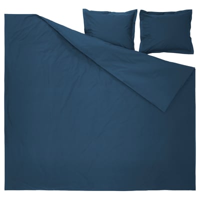 Een HAMPFLOCKEL dekbed in donkerblauw. Het bevat een dekbed en twee kussenslopen, allemaal gemaakt van katoen. Het ontwerp is eenvoudig en elegant.